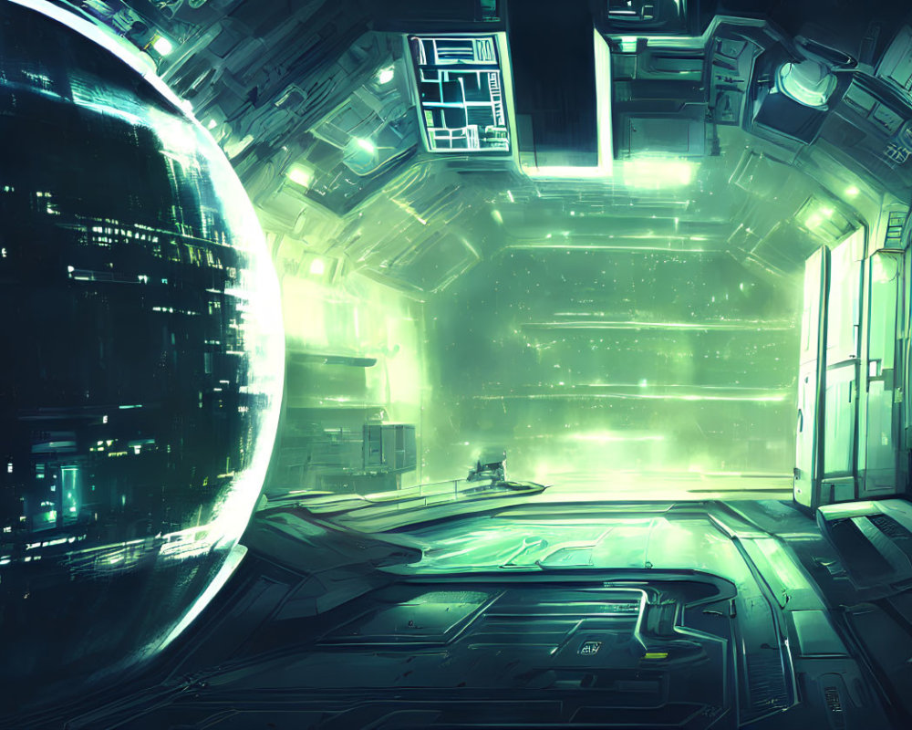 Futuristic Spaceship Interior with Large View Window and Blue Lights