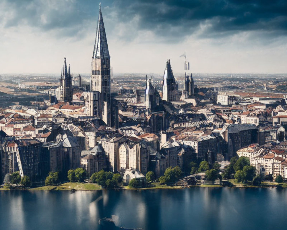 Historic city with Gothic architecture and cathedral by river under dramatic sky