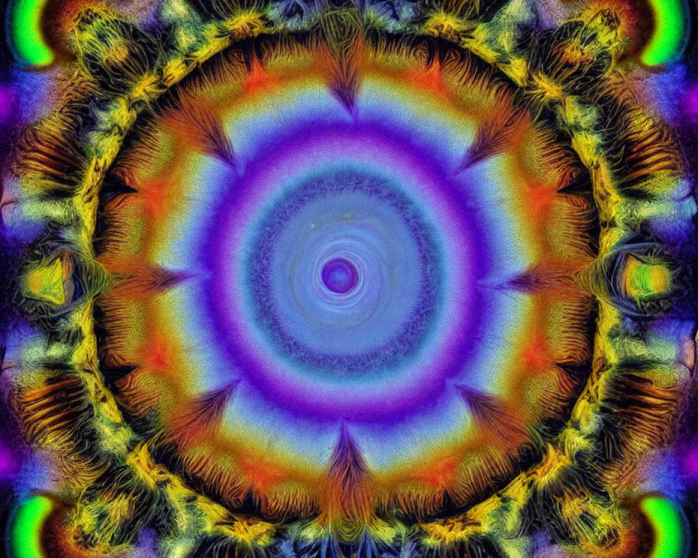 Symmetrical fractal pattern with central eye design in vibrant purple to green colors