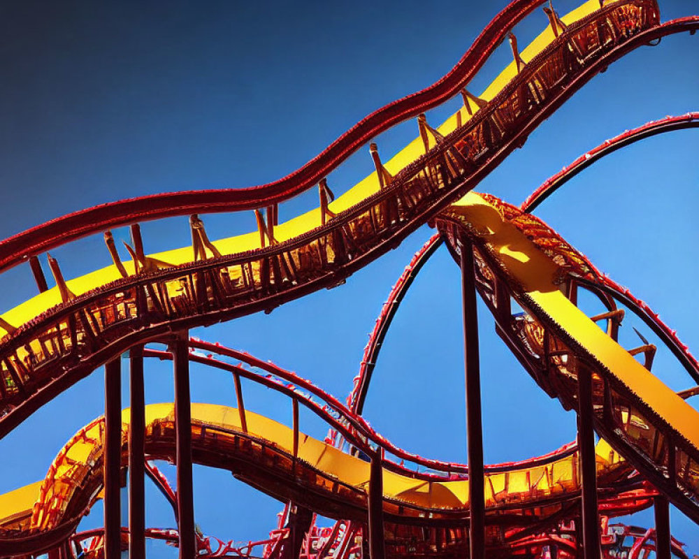 Vibrant red and yellow roller coaster tracks under blue sky