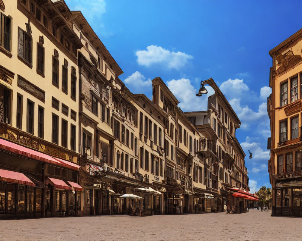 Classic European Street Scene with Cobblestones and Closed Shops