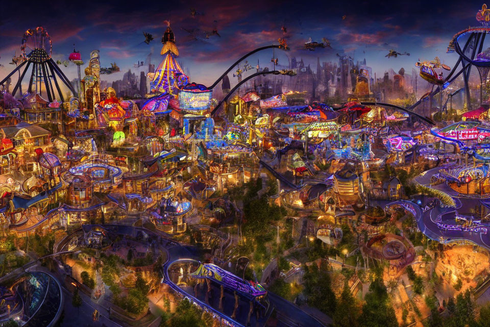 Colorful Nighttime Amusement Park with Brightly Lit Rides