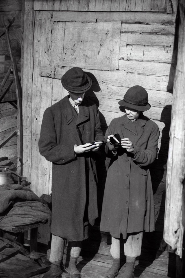 Vintage Attired Individuals Examining Booklets Near Wooden Structure