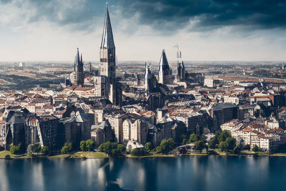 Historic city with Gothic architecture and cathedral by river under dramatic sky