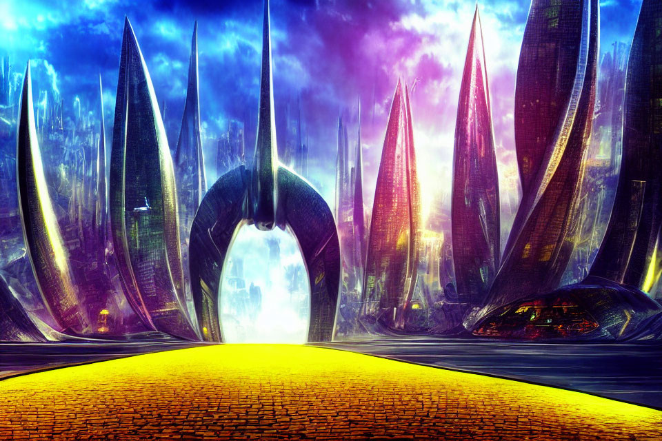 Futuristic cityscape with curved spire-like buildings under purple sky