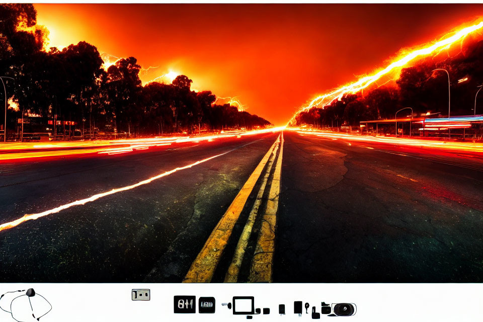 Deserted road at twilight with vibrant orange-red skies and red tail lights.