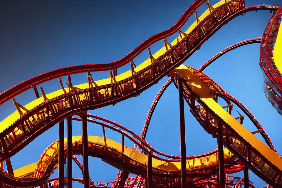 Vibrant red and yellow roller coaster tracks under blue sky