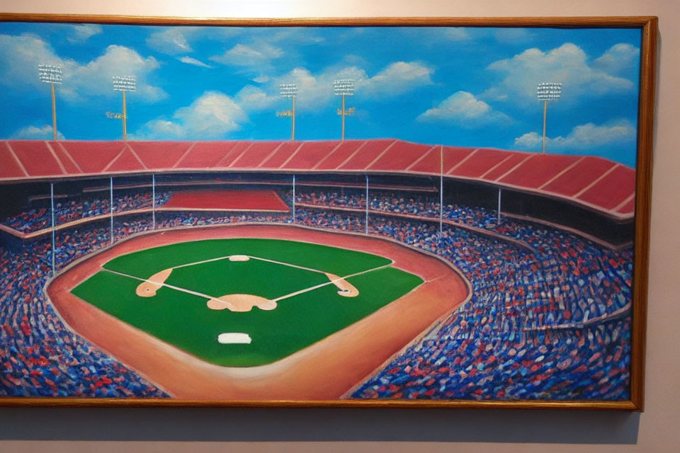 Colorful Baseball Stadium Painting with Spectators and Clear Sky