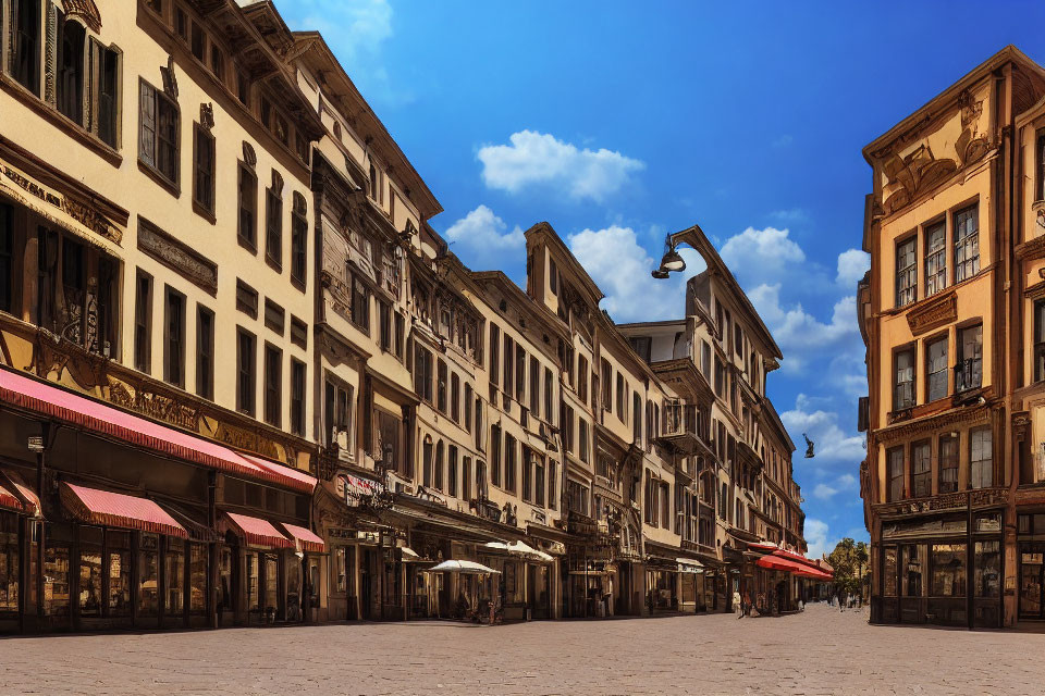 Classic European Street Scene with Cobblestones and Closed Shops