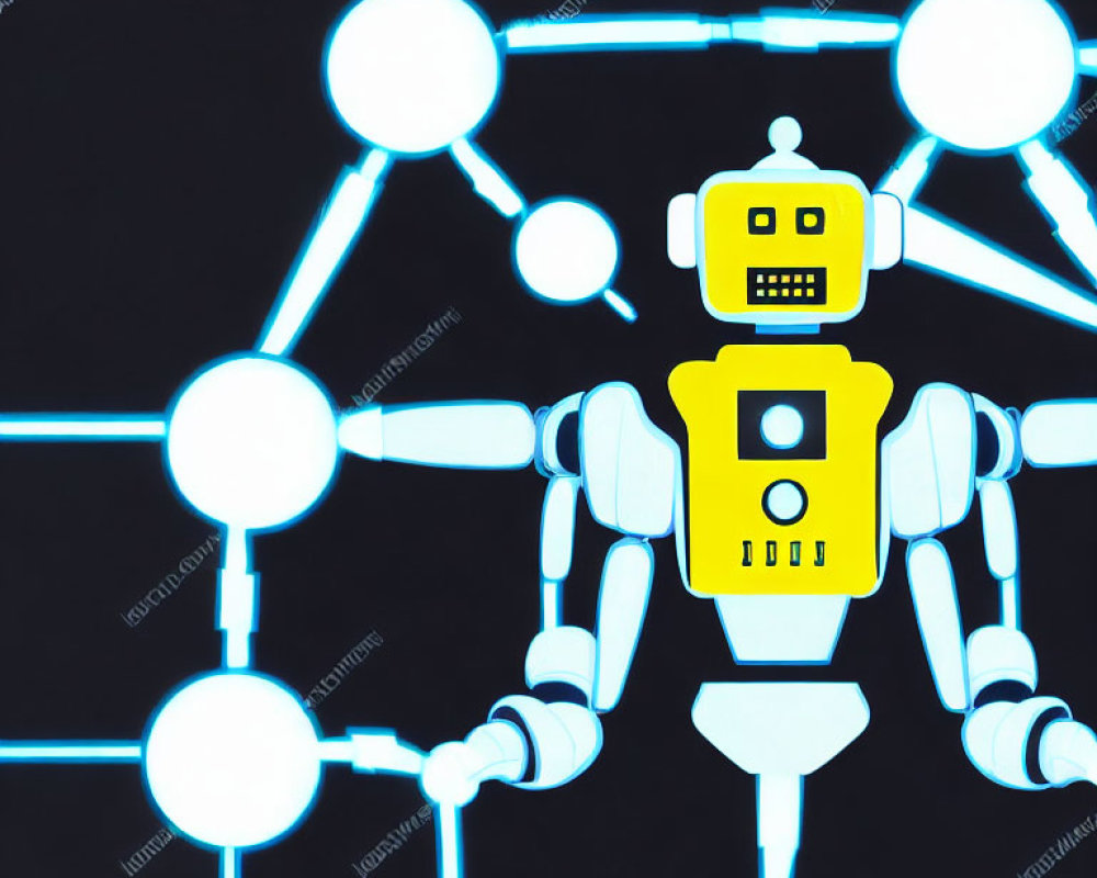 Yellow and White Robot on Geometric Circuit Background