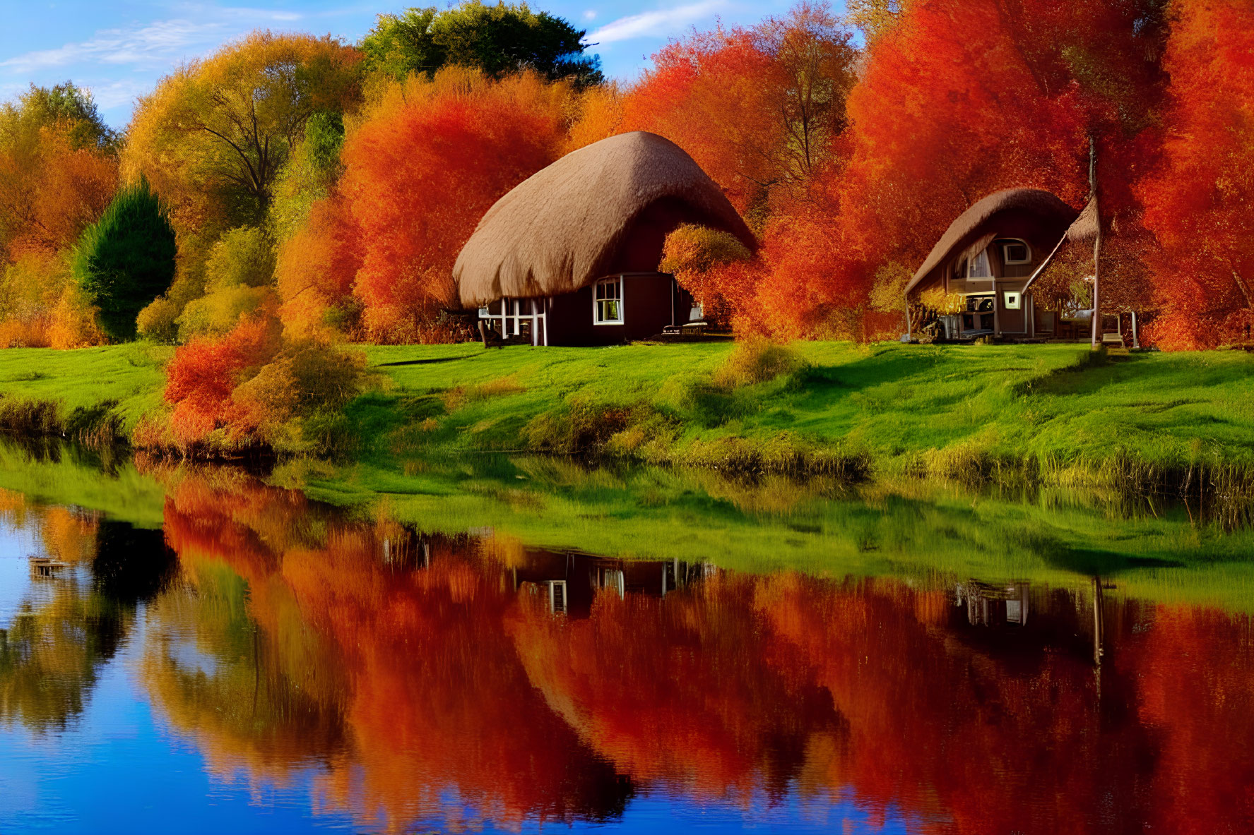 Rustic cottages by serene river with autumn foliage reflection