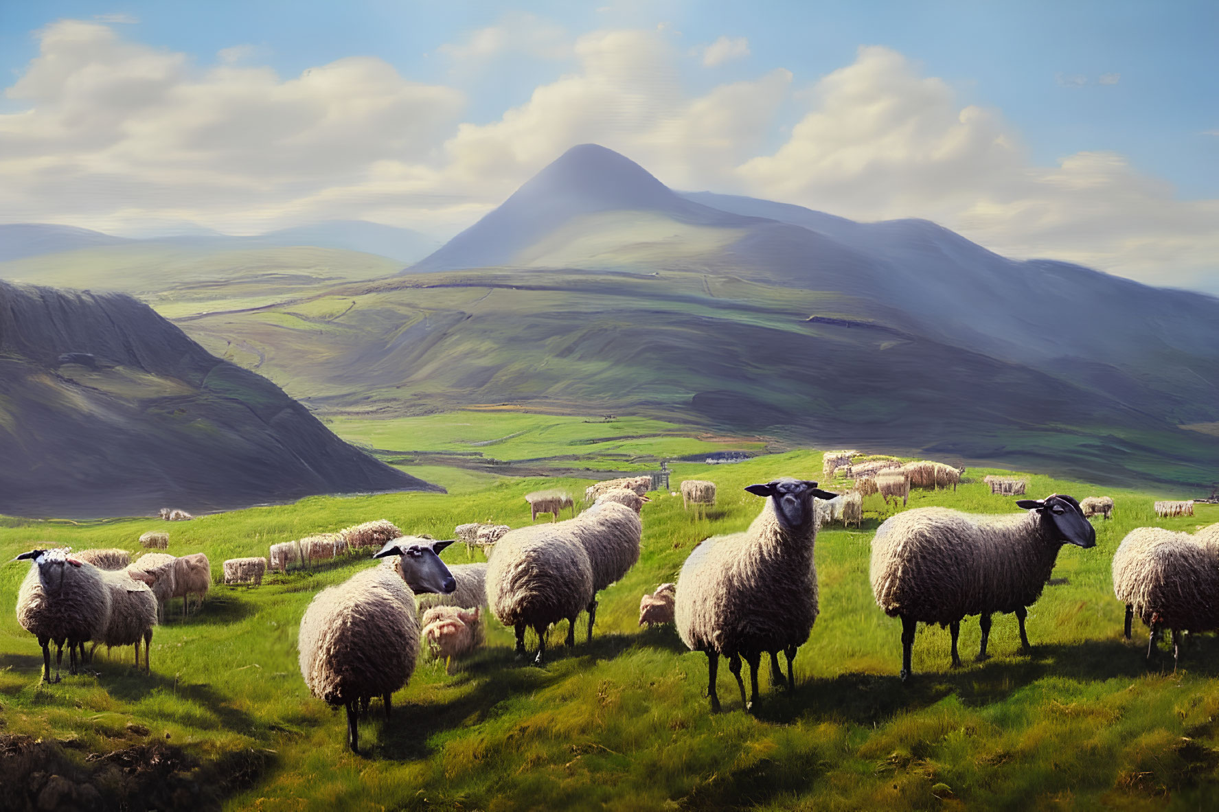 Tranquil landscape with grazing sheep, lush green hillside, and mountain vista