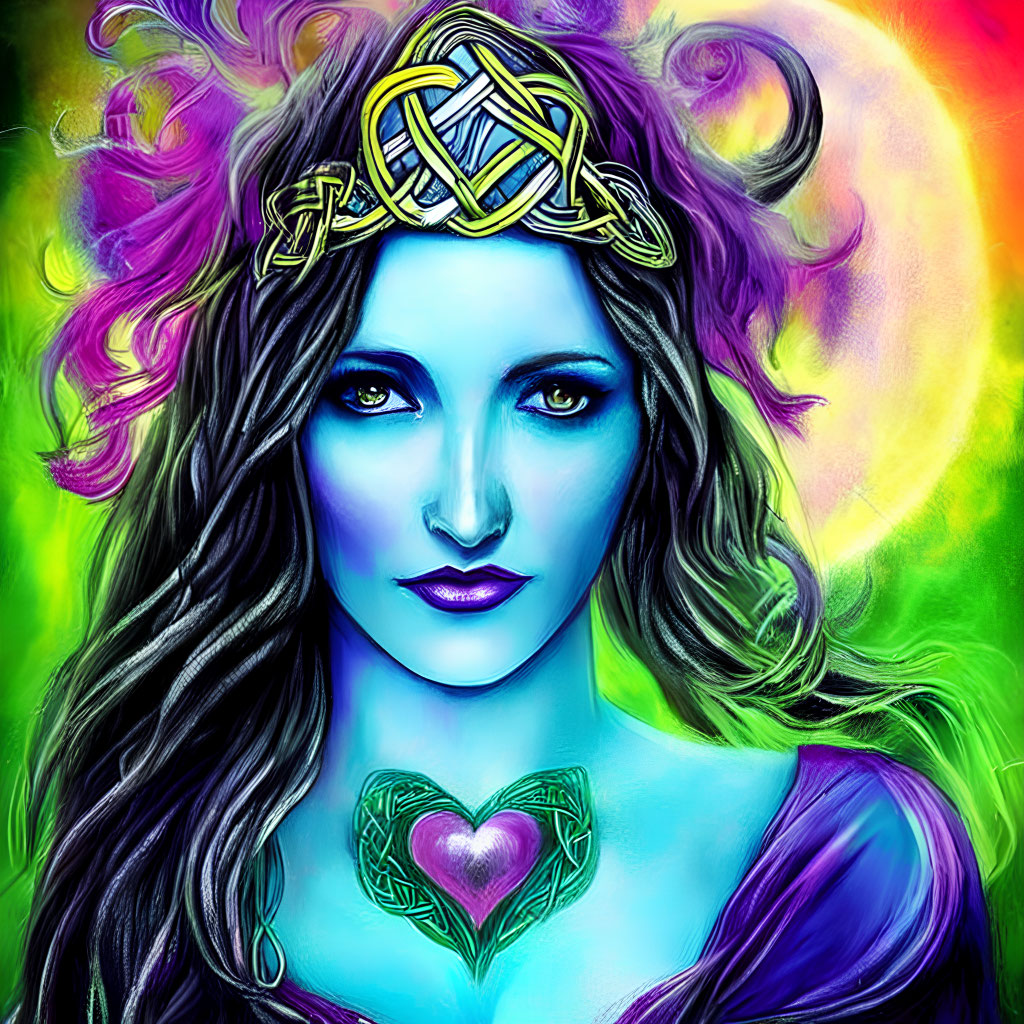 Colorful digital artwork: Woman with Celtic symbols, aura, heart pendant