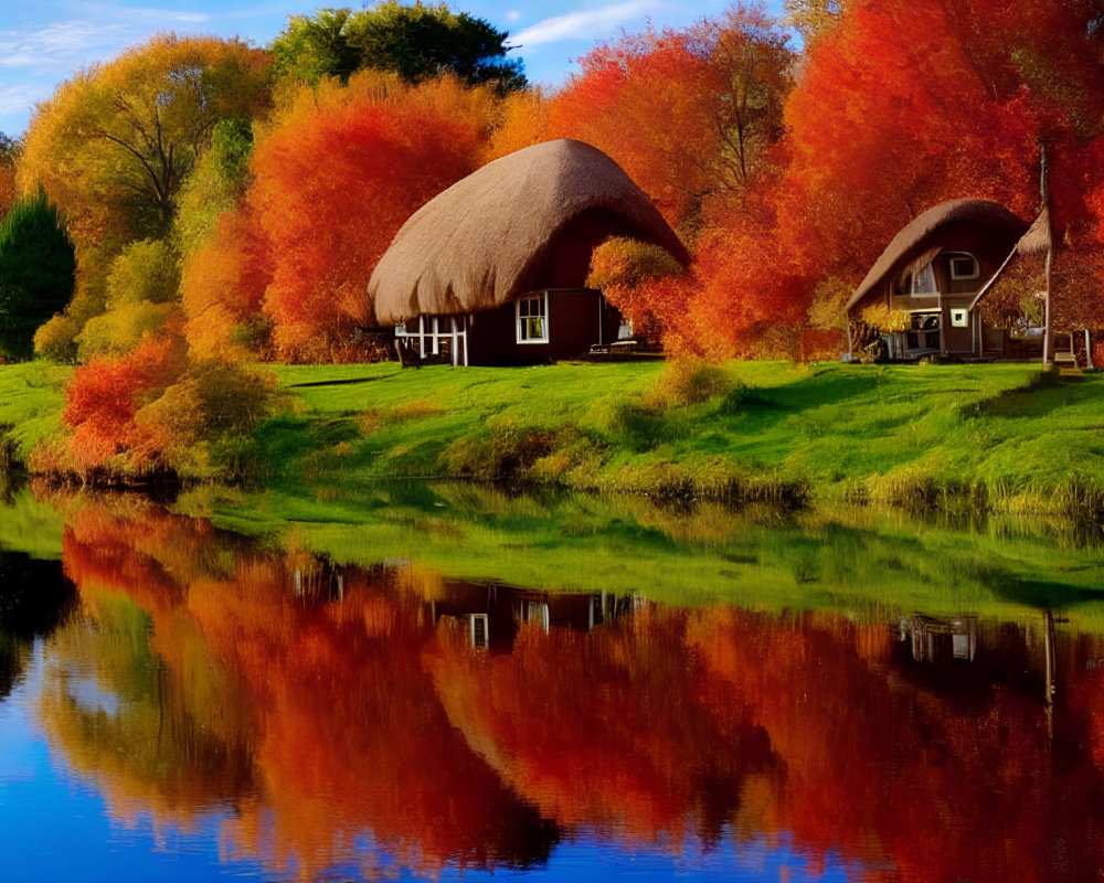 Rustic cottages by serene river with autumn foliage reflection