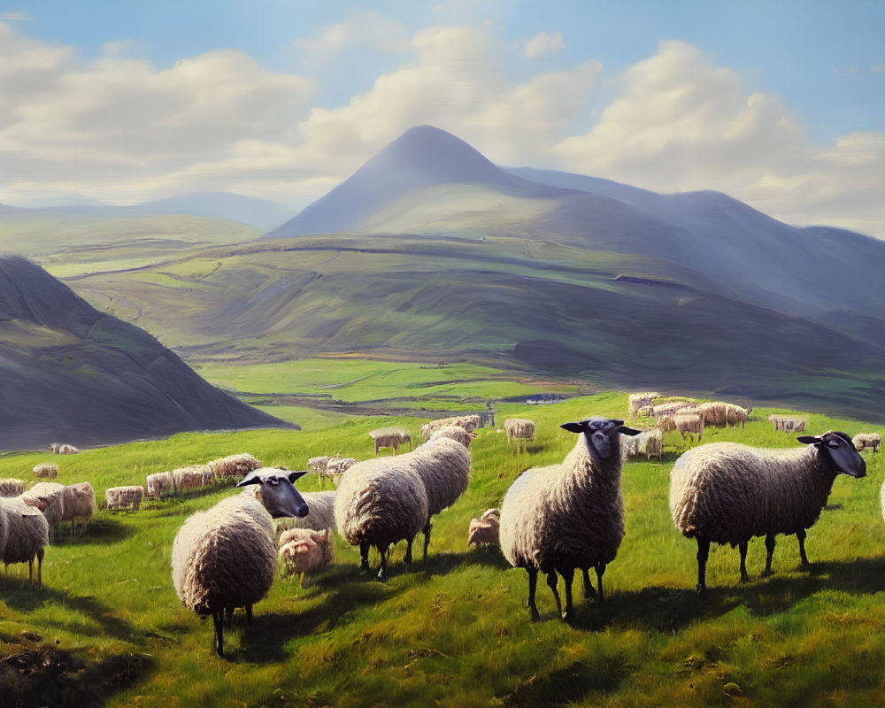 Tranquil landscape with grazing sheep, lush green hillside, and mountain vista