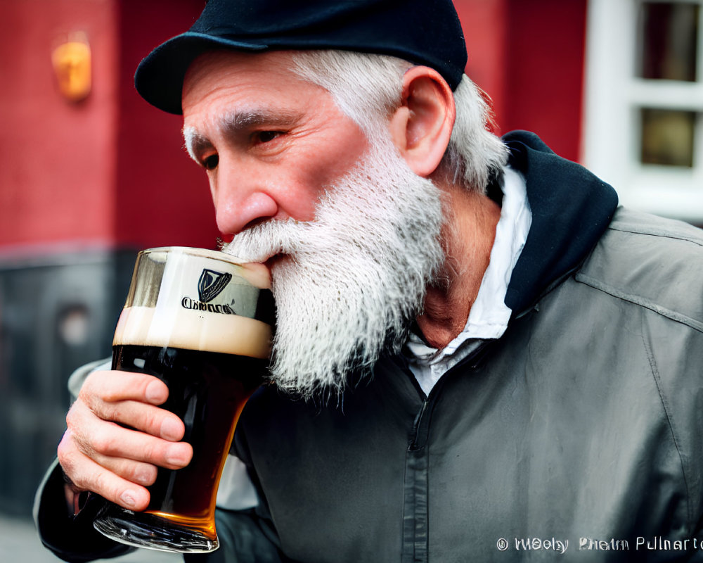 Elderly man sipping dark beer in front of building.