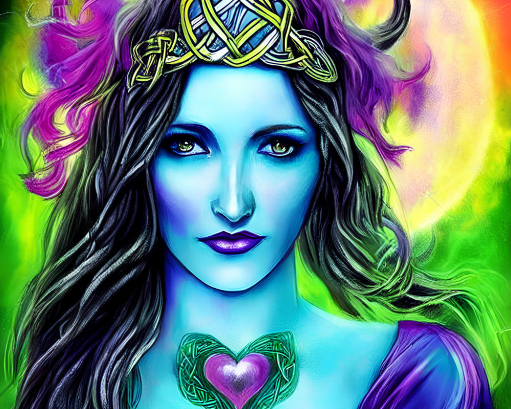 Colorful digital artwork: Woman with Celtic symbols, aura, heart pendant