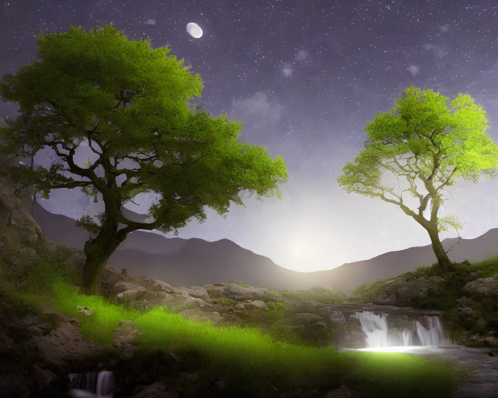 Tranquil Night Landscape with Waterfall, Moon, and Trees