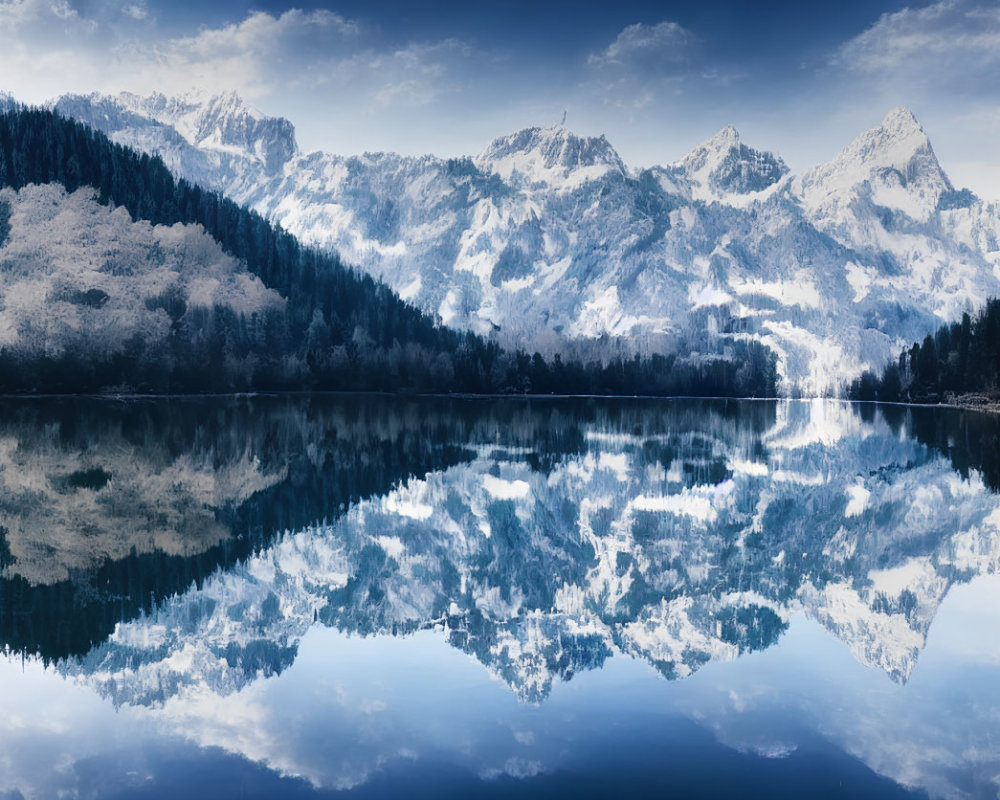 Majestic snow-capped mountains mirrored in tranquil lake scenery