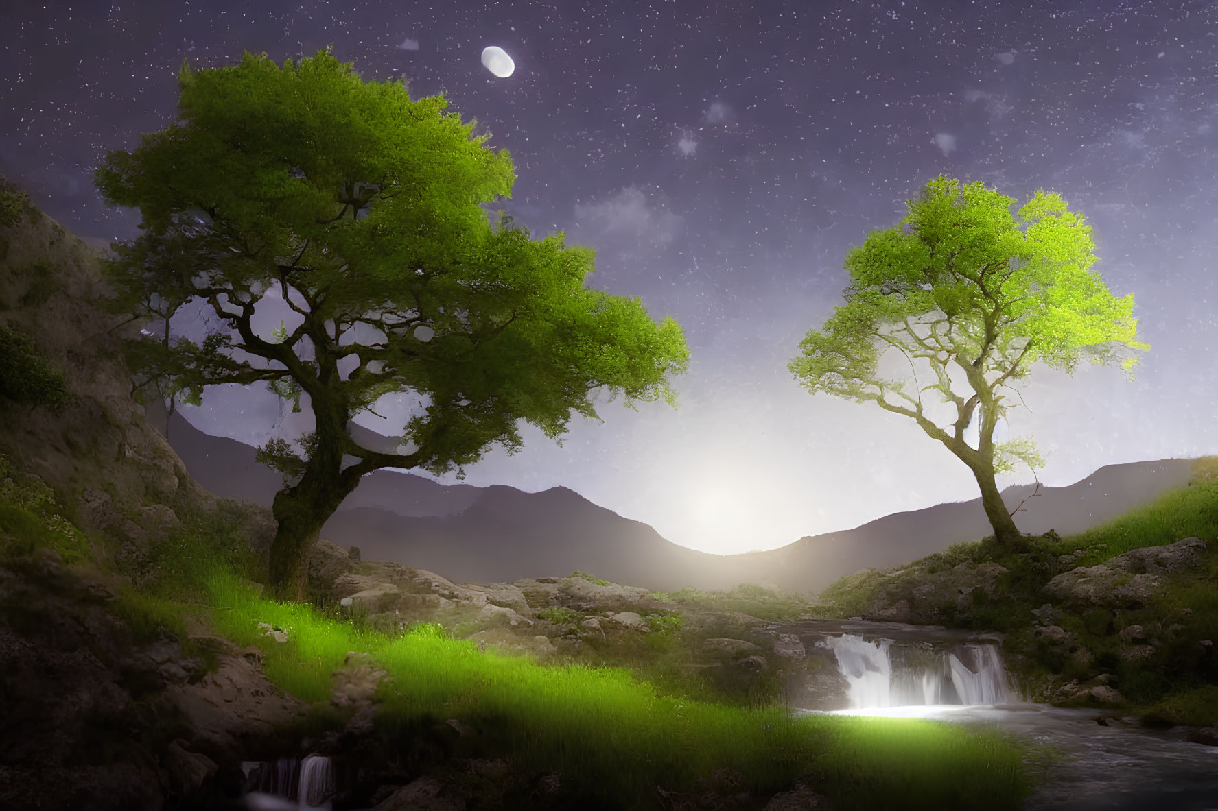 Tranquil Night Landscape with Waterfall, Moon, and Trees