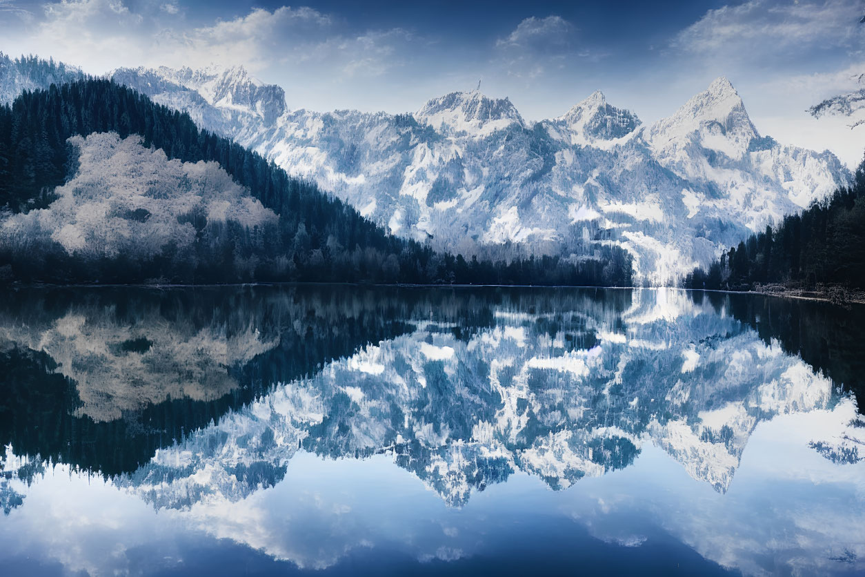 Majestic snow-capped mountains mirrored in tranquil lake scenery