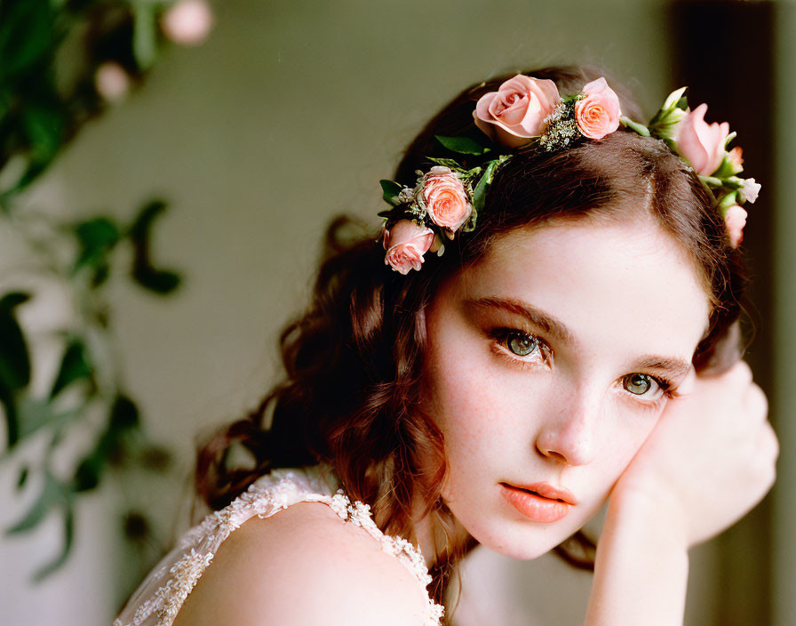 Young woman with floral headpiece and intense gaze posing by window