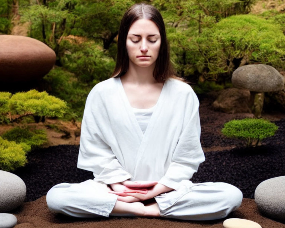 Woman Meditating in Serene Garden with Greenery