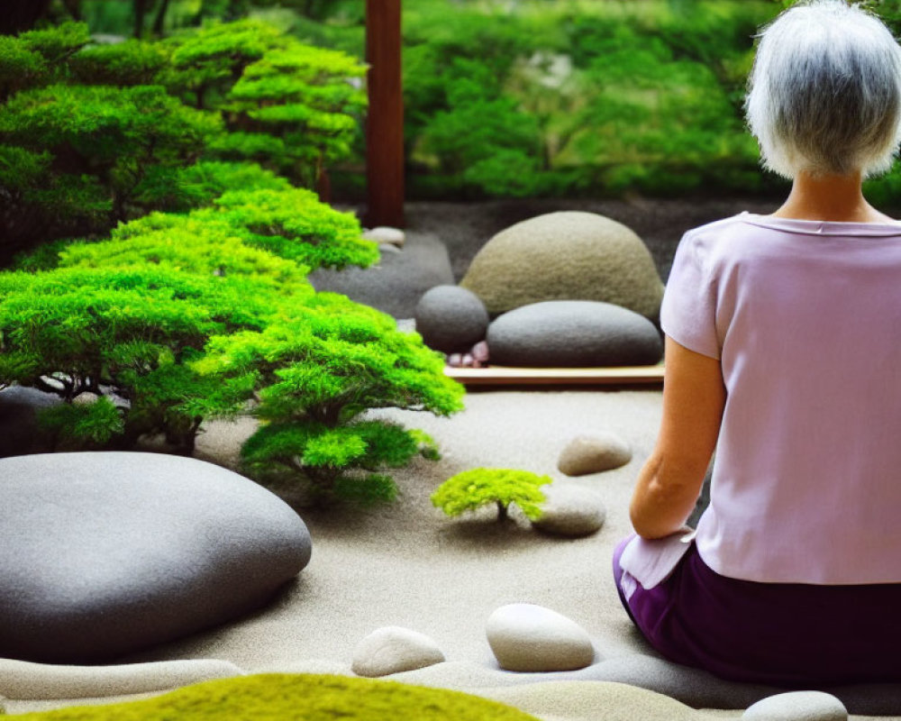 Short-haired person in serene Japanese garden with moss and rocks