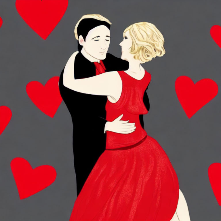 Couple Dancing Closely in Suit and Red Dress Surrounded by Red Hearts on Grey Background