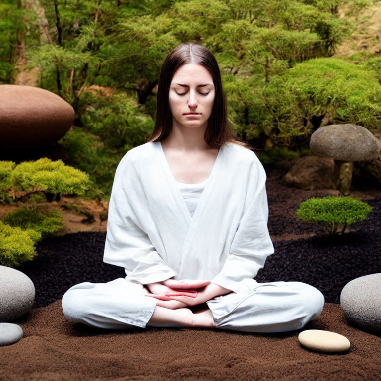 Woman Meditating in Serene Garden with Greenery