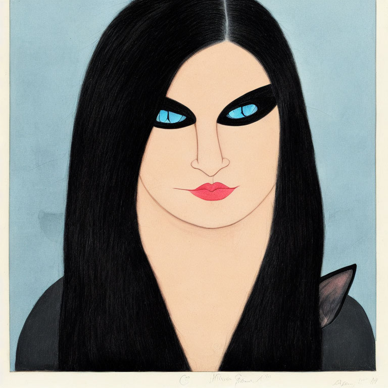 Simplistic bold illustration of person with long black hair and striking blue cat-eye makeup