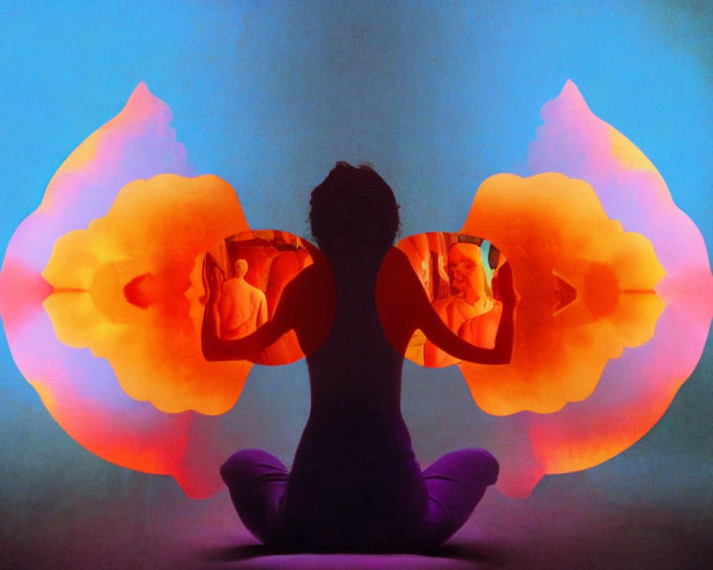 Person meditates with fiery wings, smaller figures symbolize self-reflection