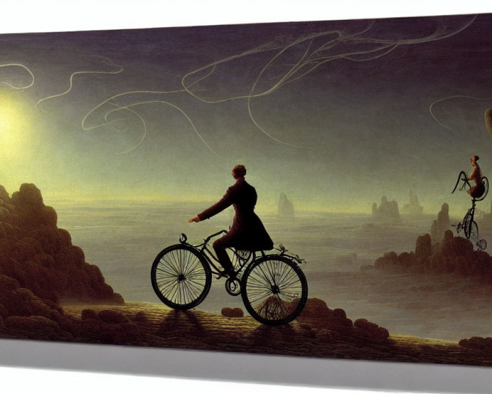 Surreal painting: Cyclists on floating rocks under glowing sun