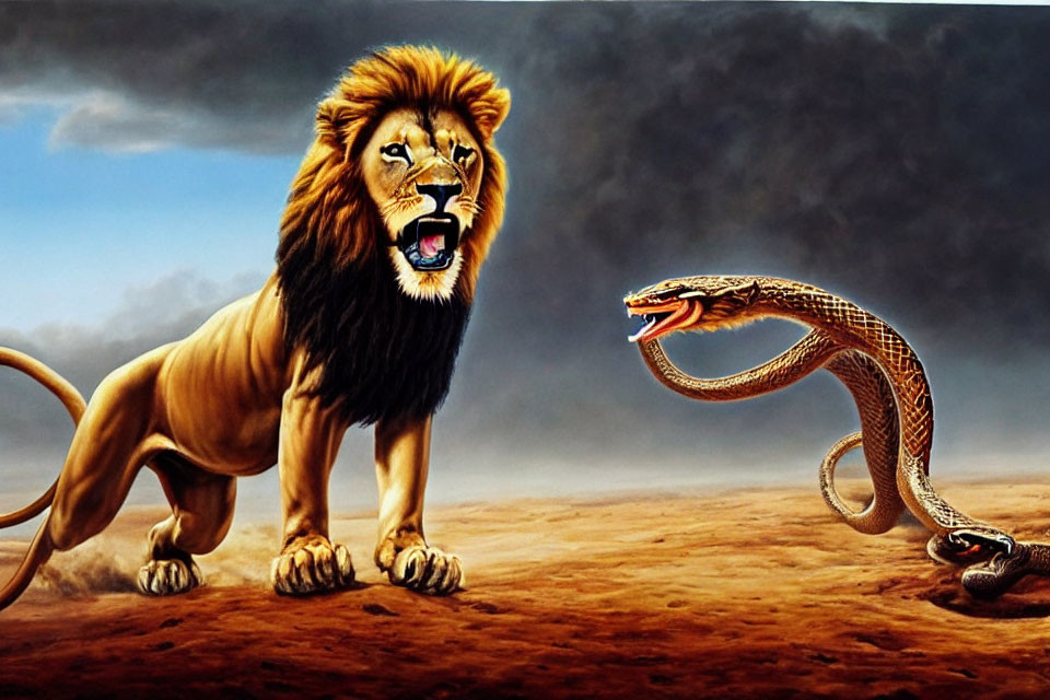 Wild lion and cobra face off under stormy sky in desolate landscape