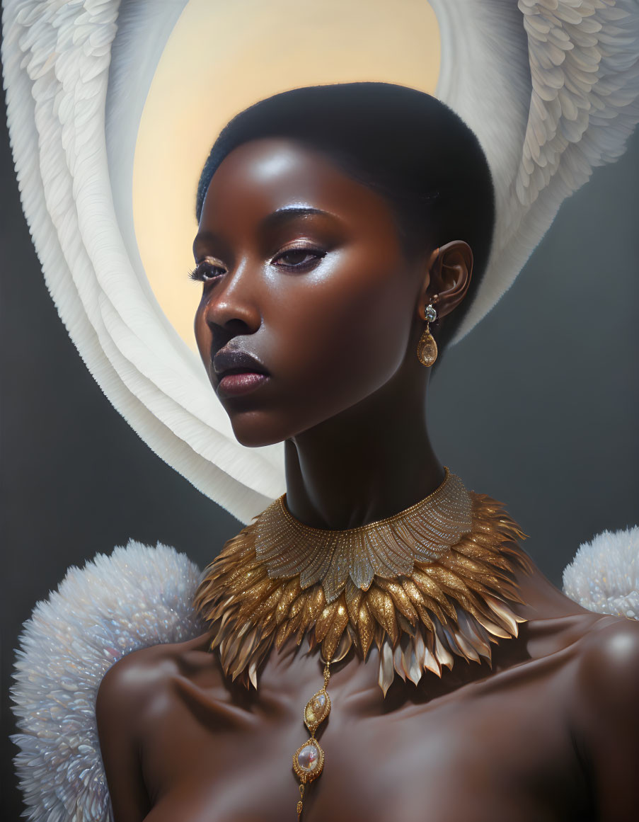 Portrait of Woman with Ethereal Glow, Feather Details, Gold Necklace & Gemstone Pendant