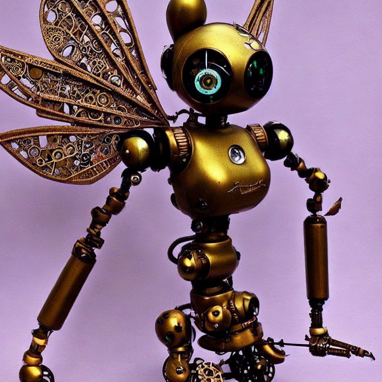 Steampunk-style robot with metallic wings and gears on purple background