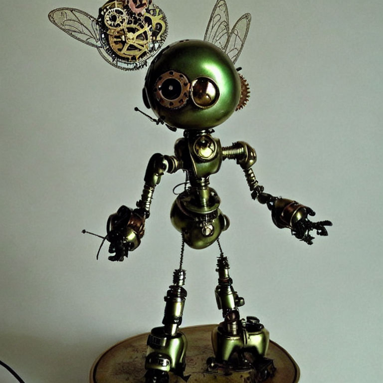 Steampunk-style robot sculpture with spherical head and intricate metal body