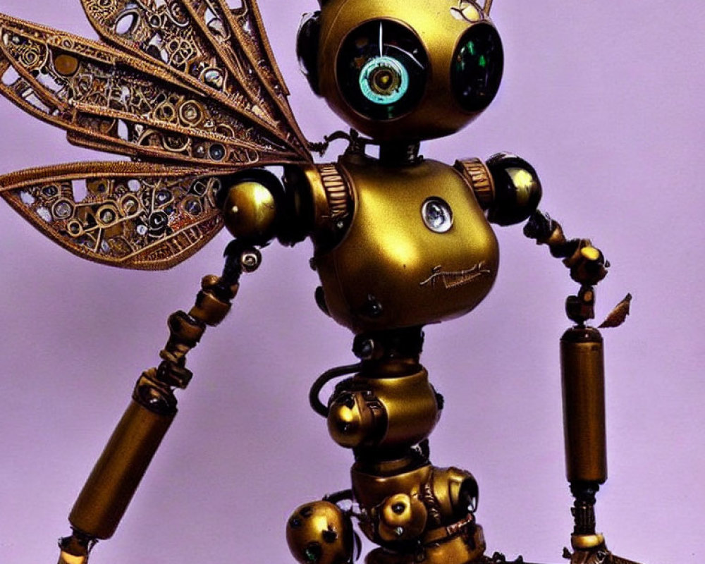 Steampunk-style robot with metallic wings and gears on purple background
