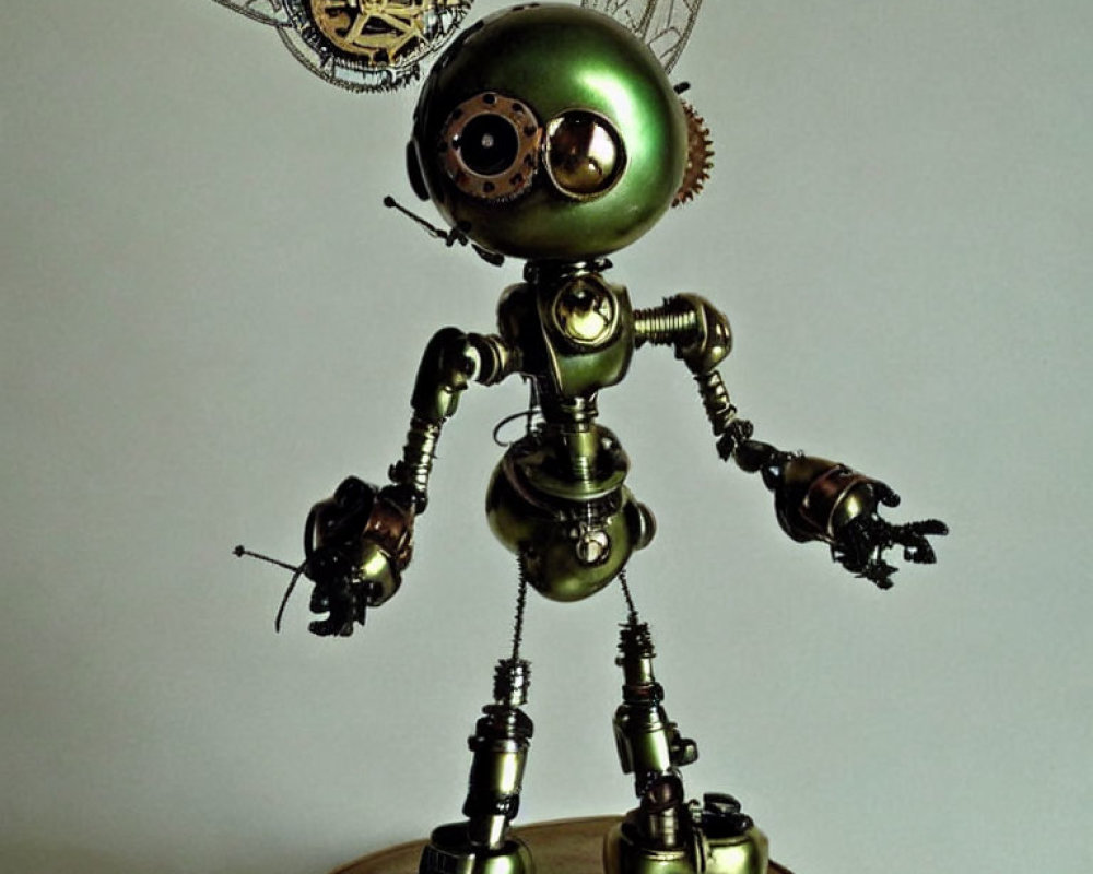 Steampunk-style robot sculpture with spherical head and intricate metal body