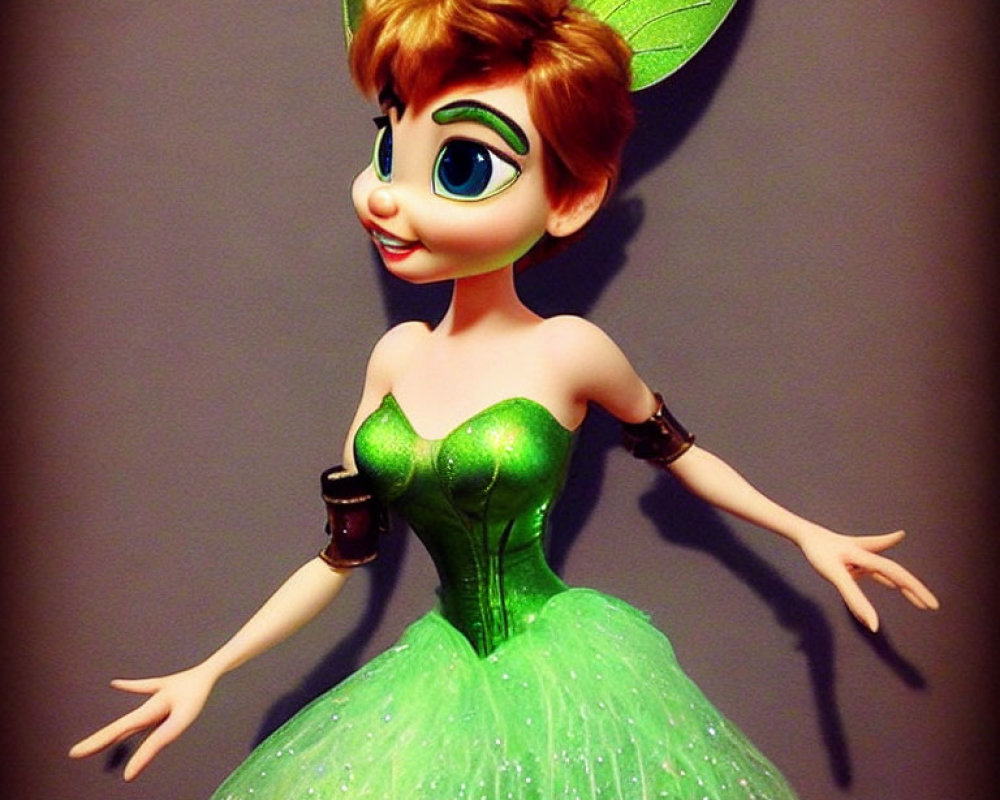 Green Dress Fairy Figurine with Leaf Wings and Playful Pose