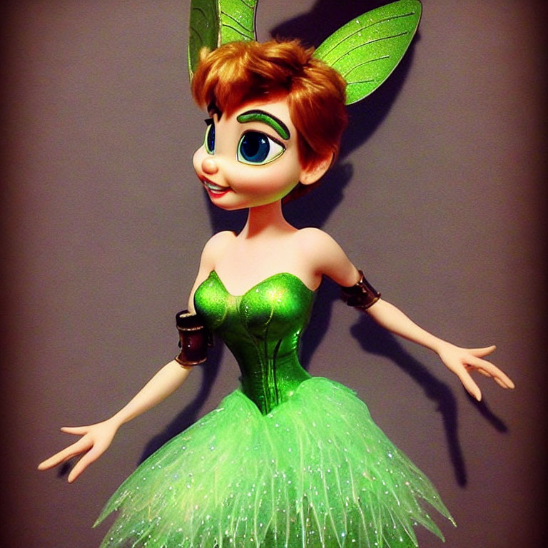 Green Dress Fairy Figurine with Leaf Wings and Playful Pose