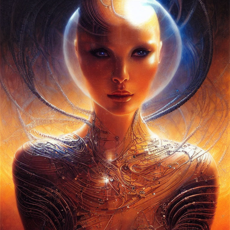 Illustration of humanoid female robot with glowing halo and intricate circuit patterns