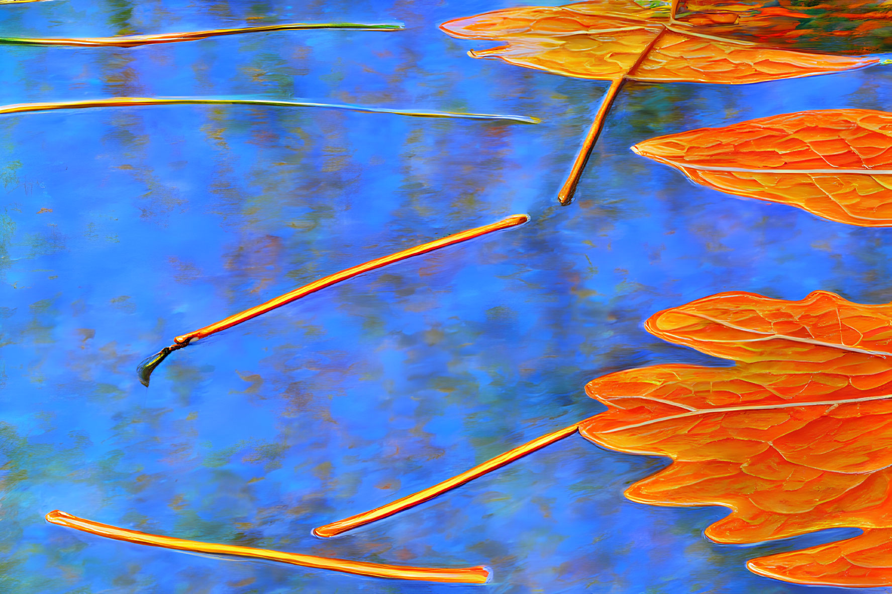 Orange Leaves Floating on Calm Blue Water Surface