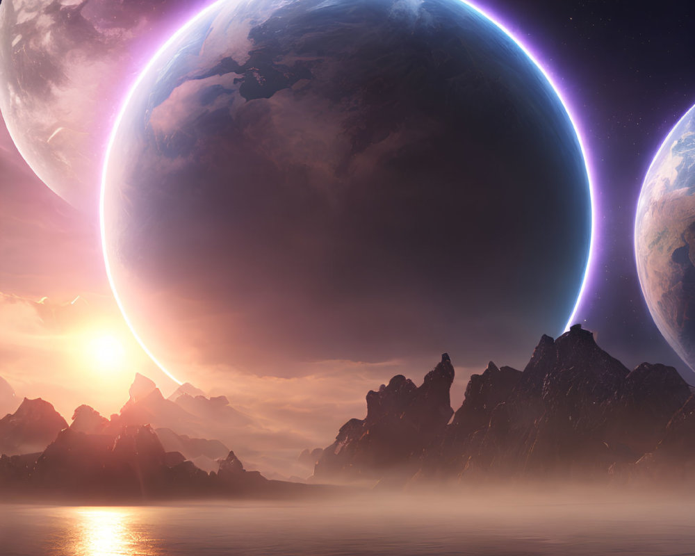 Surreal landscape with ocean, mountains, and celestial bodies