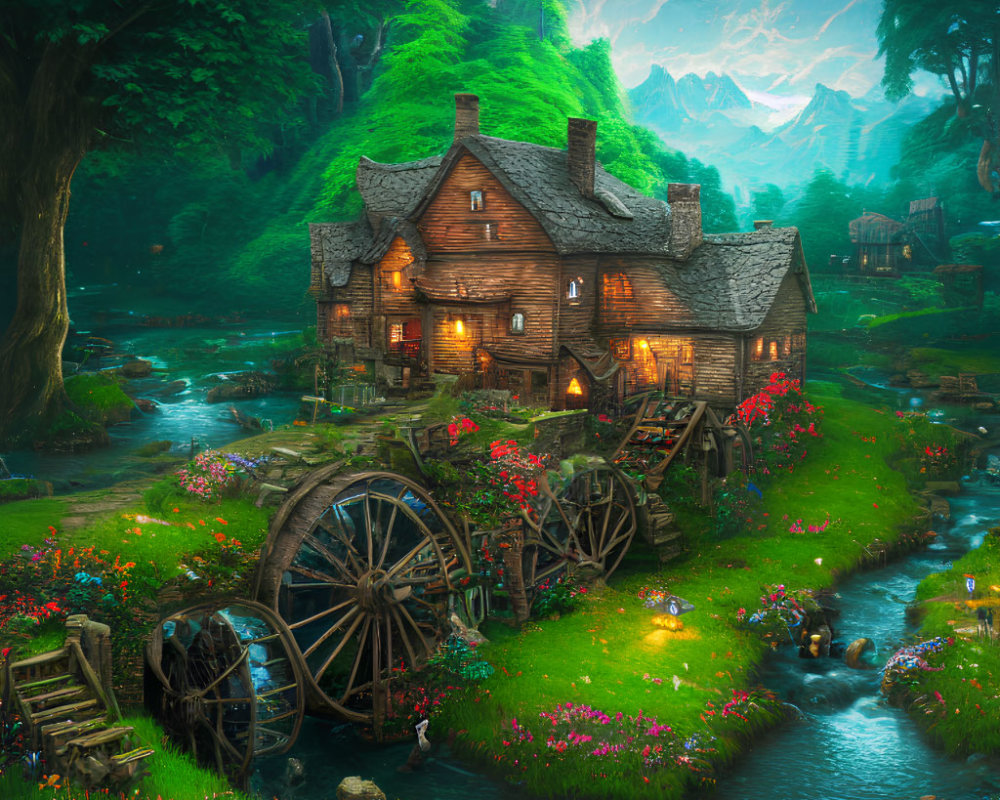 Idyllic fantasy cottage with moss-covered thatched roof by stream and mountains