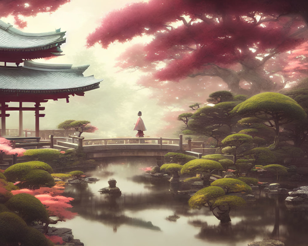 Japanese Garden with Pink Foliage, Bridge, and Pagodas in Misty Setting