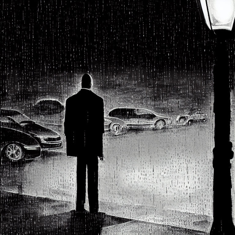 Lonely figure in rain at night under streetlight with parked cars.