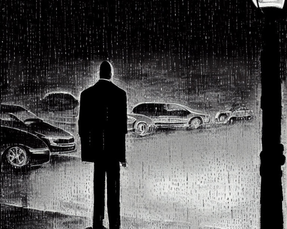 Lonely figure in rain at night under streetlight with parked cars.