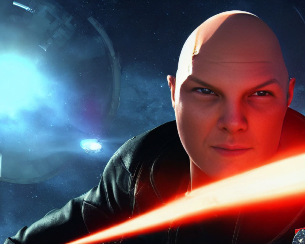 Bald person with red laser sword in cosmic setting