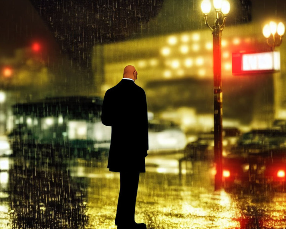 Bald Man in Coat Standing in Rainy Night Street Scene